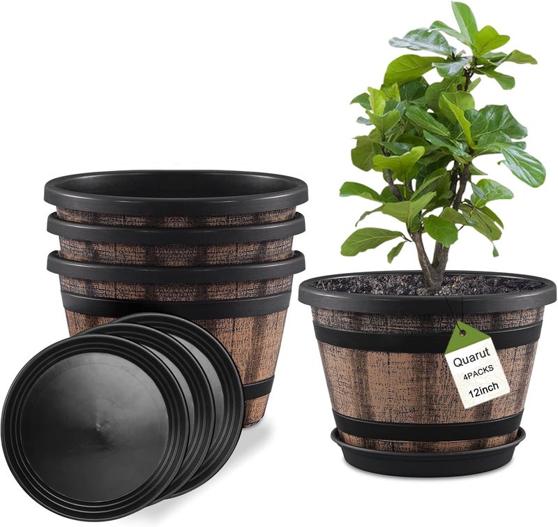Quarut Plant Pots Set of 4 Pack 12 inch,Large Whiskey Barrel Planters with Drainage Holes & Saucer.Plastic Flower Pots Imitation Wine Barrel Design, for Indoor & Outdoor Garden Home Plants (Brown) - Image 1